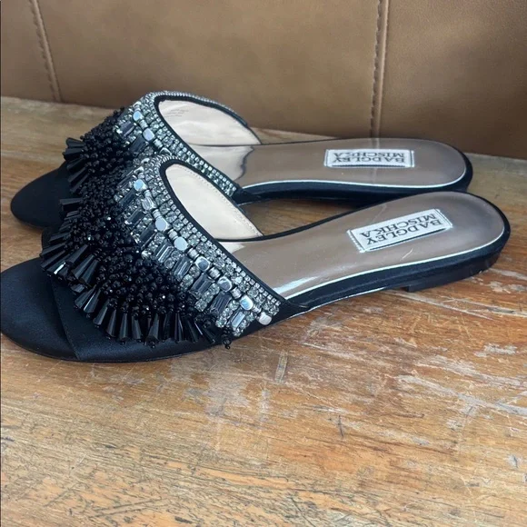 Badgley Mischka Black Embellished Beaded Slide Sandals Flats Silver Crystals 8 - Picture 3 of 5